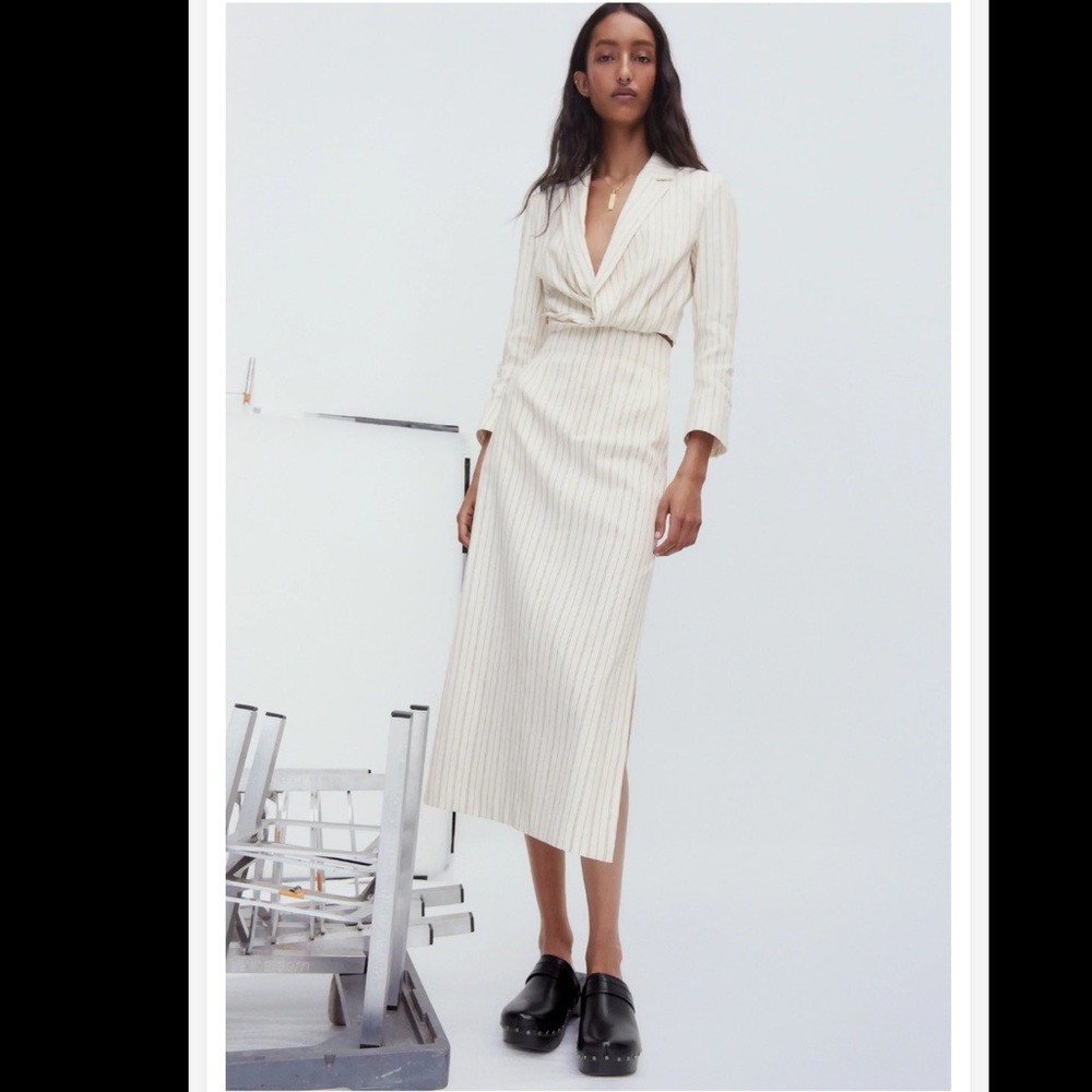 Zara 2 piece Striped Cropped Blazer with Side slit Midi Skirt